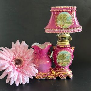 Vintage Miniature Victorian Porcelain Gold Trimmed 8” Oil Lamp & Connecting Vase